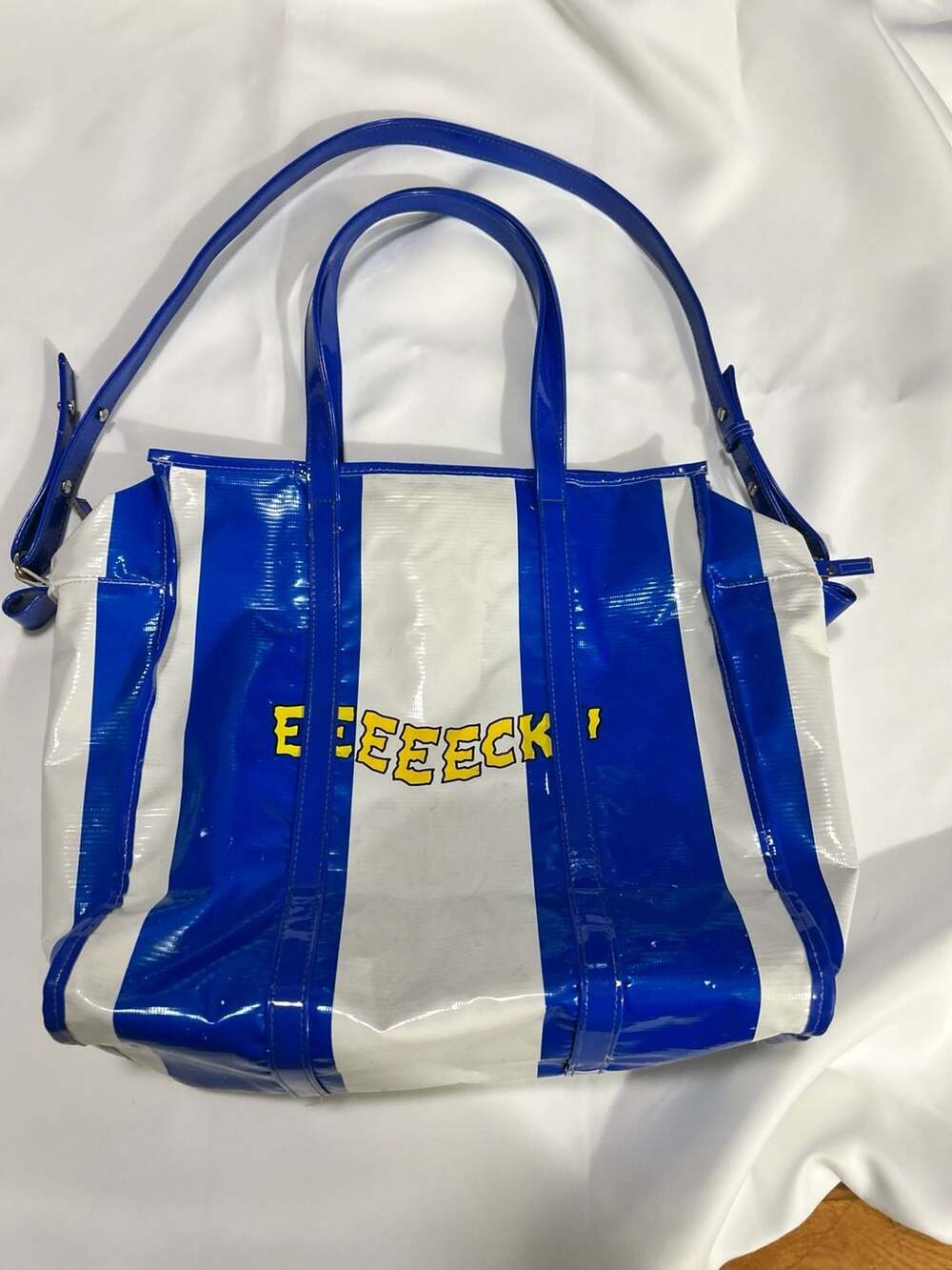 Stereo Vinyls Pink Panther Travel Bag Blue White Striped Tote